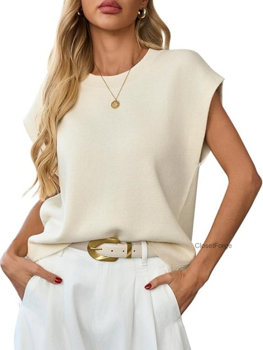 Sleeveless Knit Sweater Vest Crewneck Cap Sleeve Top Business Casual
